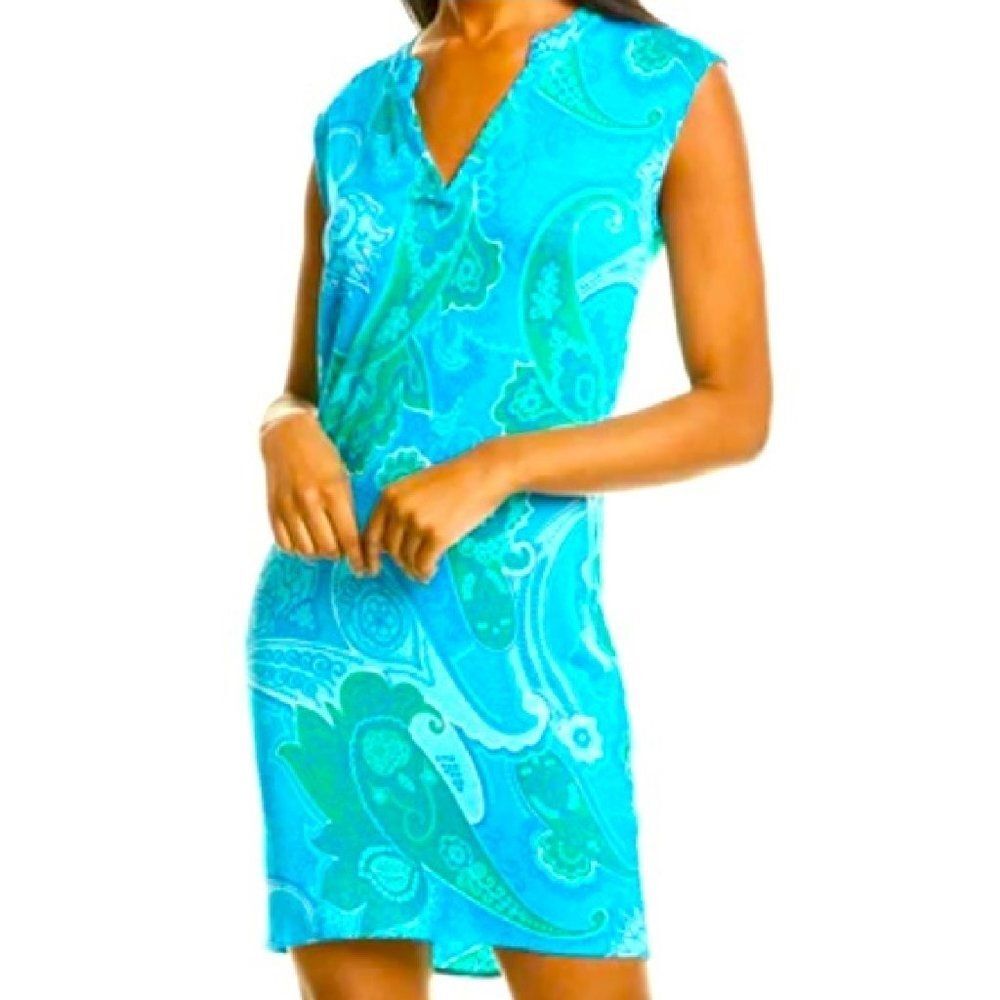TORI RICHARD Dress, M, Alexia Blue Paisley, Sleeveless Split Neck, Rayon-spandex - Picture 13 of 13